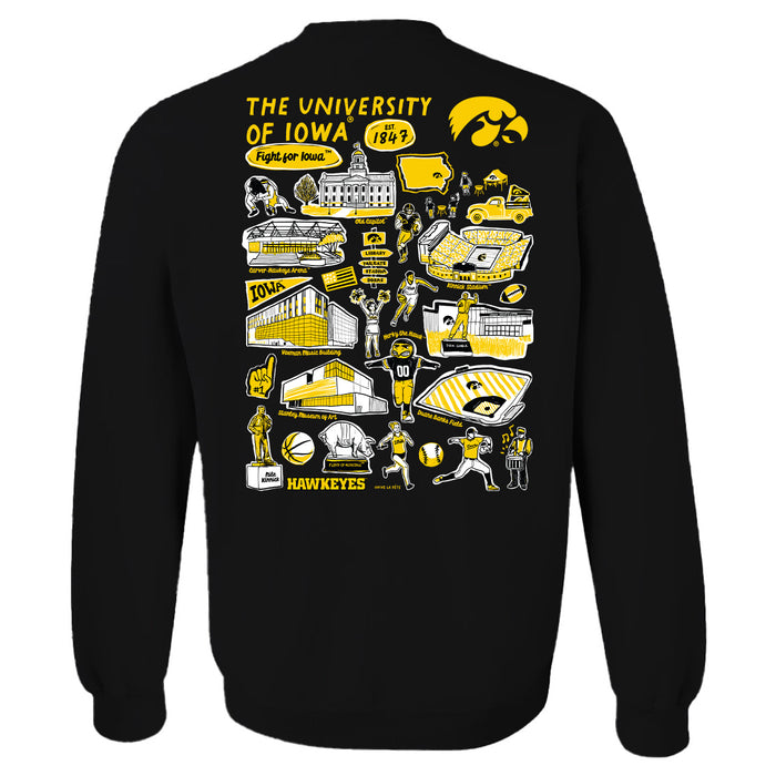 Iowa Hawkeyes Hand Sketched Artwork Black Crewneck Sweatshirt for Women - Vive La Fête - Online Apparel Store