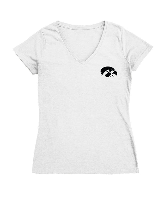 Iowa Hawkeyes Hand Sketched Vive La Fete Impressions Artwork White Women Cotton Short Sleeve V-Neck Tshirt