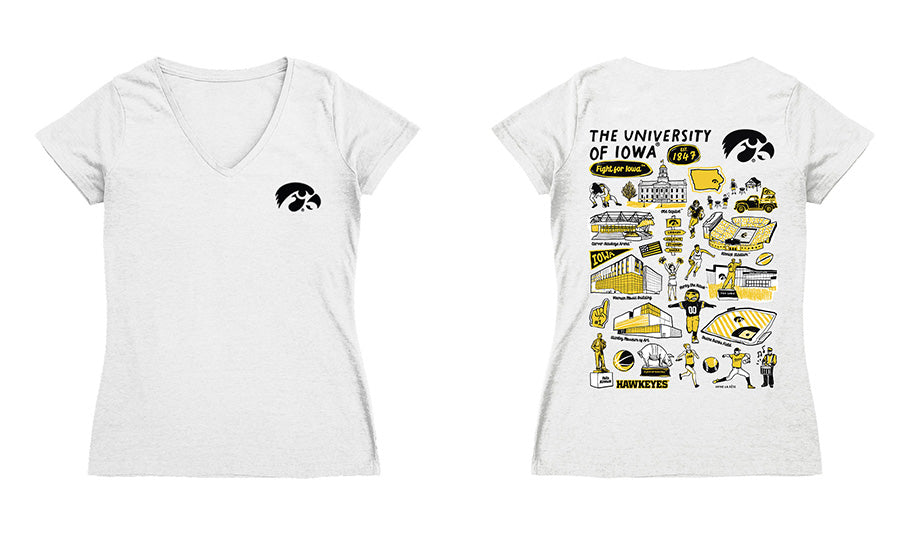 Iowa Hawkeyes Hand Sketched Vive La Fete Impressions Artwork Black Women Cotton Short Sleeve V-Neck Tshirt