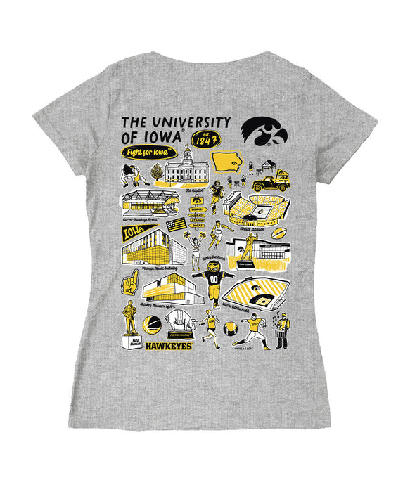 Iowa Hawkeyes Hand Sketched Vive La Fete Impressions Artwork Black Women Cotton Short Sleeve V-Neck Tshirt