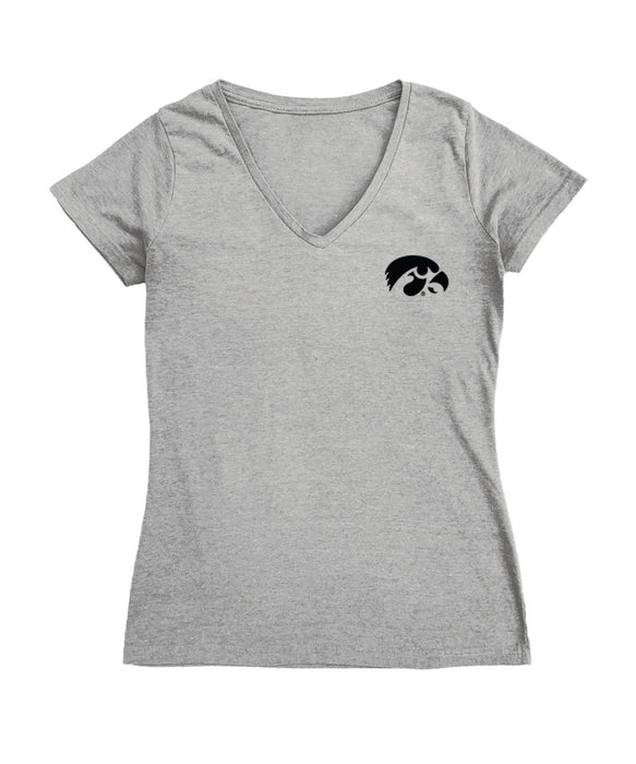 Iowa Hawkeyes Hand Sketched Vive La Fete Impressions Artwork Grey Women Cotton Short Sleeve V-Neck Tshirt