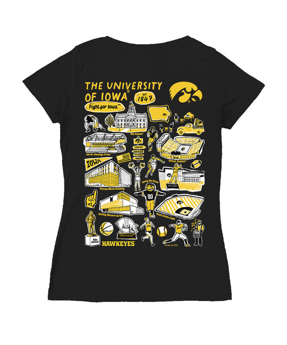 Iowa Hawkeyes Hand Sketched Vive La Fete Impressions Artwork Black Women Cotton Short Sleeve V-Neck Tshirt