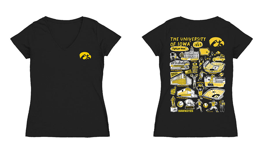 Iowa Hawkeyes Hand Sketched Vive La Fete Impressions Artwork Black Women Cotton Short Sleeve V-Neck Tshirt