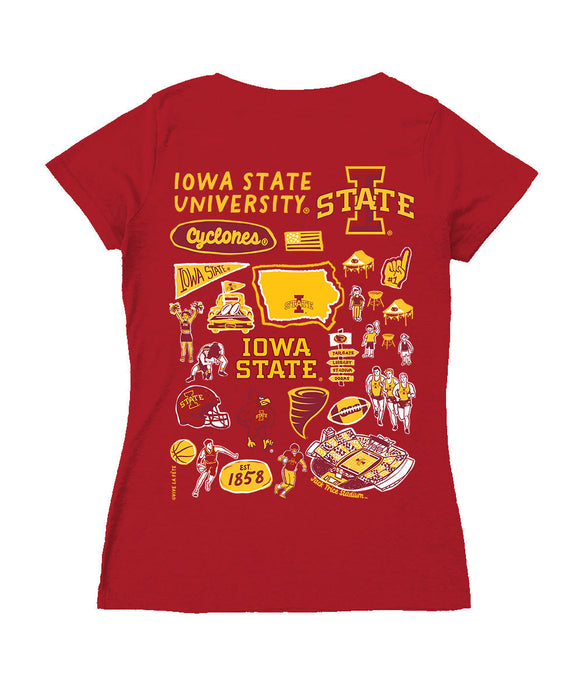 Iowa State Cyclones ISU Hand Sketched Vive La Fete Impressions Artwork Red Women Cotton Short Sleeve V-Neck Tshirt
