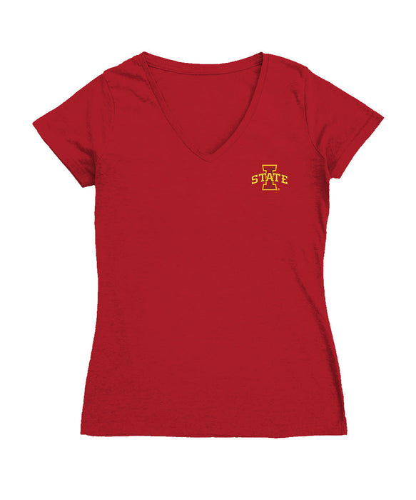 Iowa State Cyclones ISU Hand Sketched Vive La Fete Impressions Artwork Red Women Cotton Short Sleeve V-Neck Tshirt