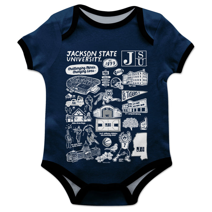 Jackson State University Tigers Hand Sketched Vive La Fete Impressions Artwork Infant Blue Short Sleeve Onesie Bodysuit