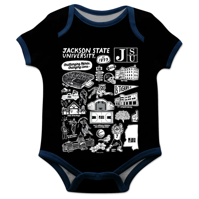 Jackson State University Tigers Hand Sketched Vive La Fete Impressions Artwork Infant Black Short Sleeve Onesie Bodysuit