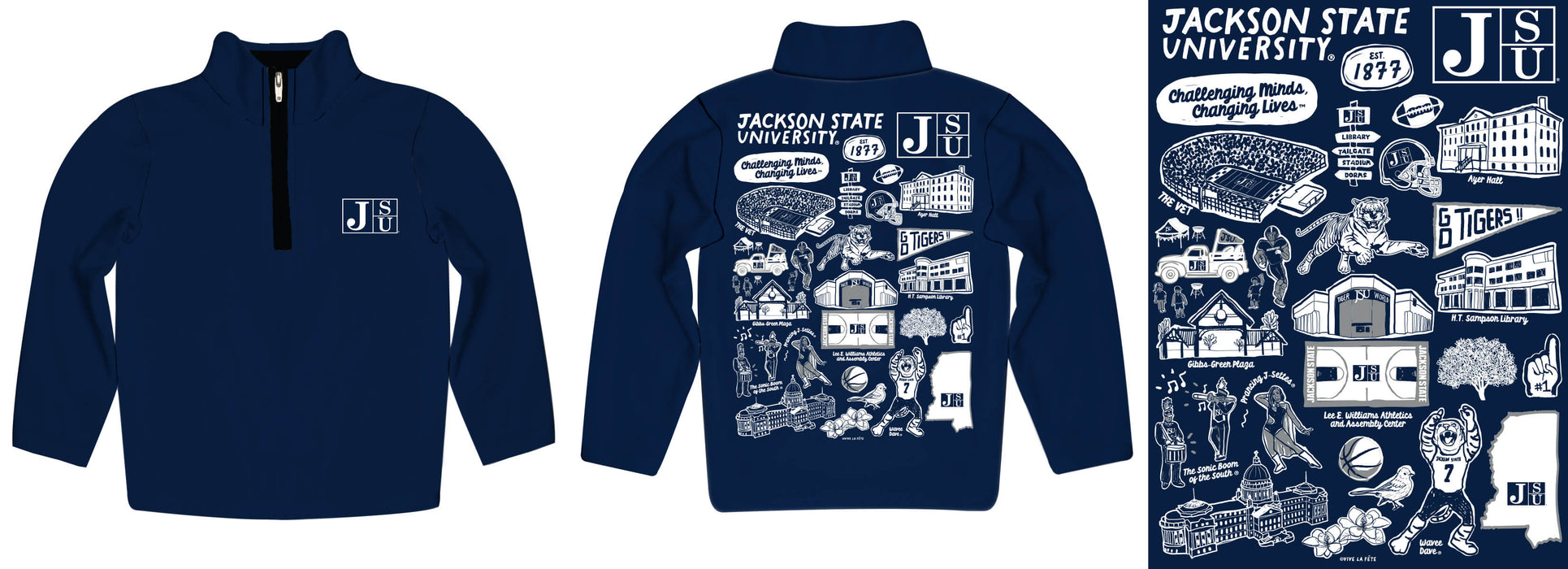 Jackson State University Tigers Hand Sketched Vive La Fete Impressions Artwork Blue Boys Quarter Zip Pullover V1 - Vive La Fête - Online Apparel Store