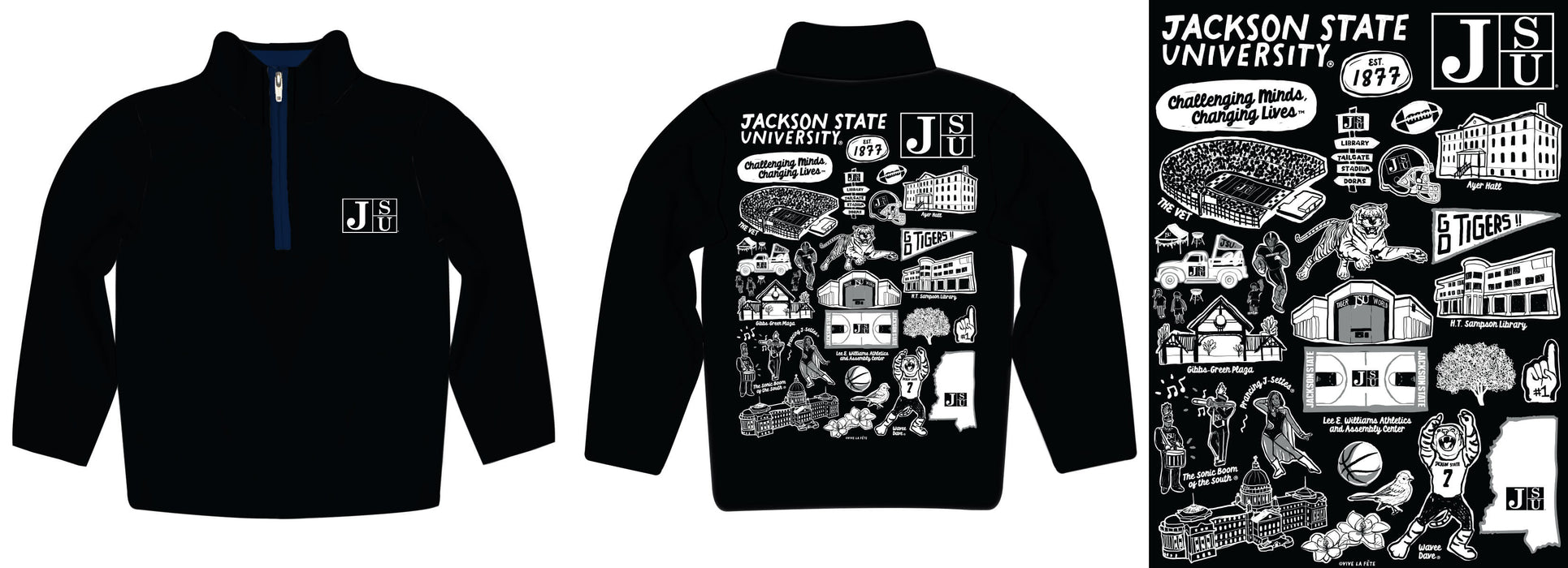 Jackson State University Tigers Hand Sketched Vive La Fete Impressions Artwork Black Boys Quarter Zip Pullover V1 - Vive La Fête - Online Apparel Store