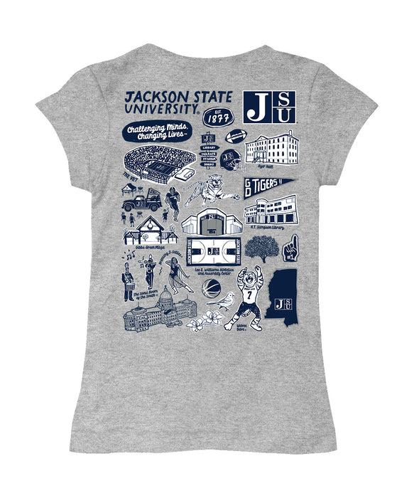 Jackson State University Tigers Hand Sketched Vive La Fete Impressions Artwork Grey Girls Cotton Short Sleeve Tee - Vive La Fête - Online Apparel Store