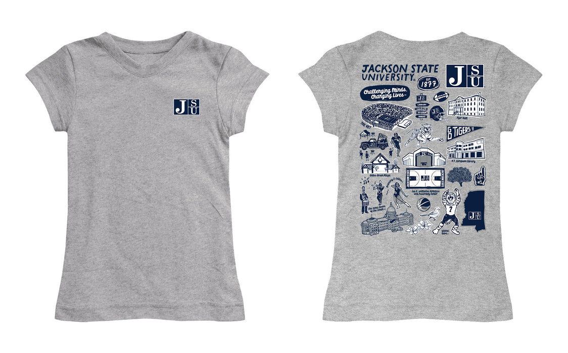 Jackson State University Tigers Hand Sketched Vive La Fete Impressions Artwork Grey Girls Cotton Short Sleeve Tee - Vive La Fête - Online Apparel Store