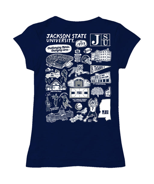 Jackson State University Tigers Hand Sketched Vive La Fete Impressions Artwork Navy Girls Cotton Short Sleeve Tee - Vive La Fête - Online Apparel Store