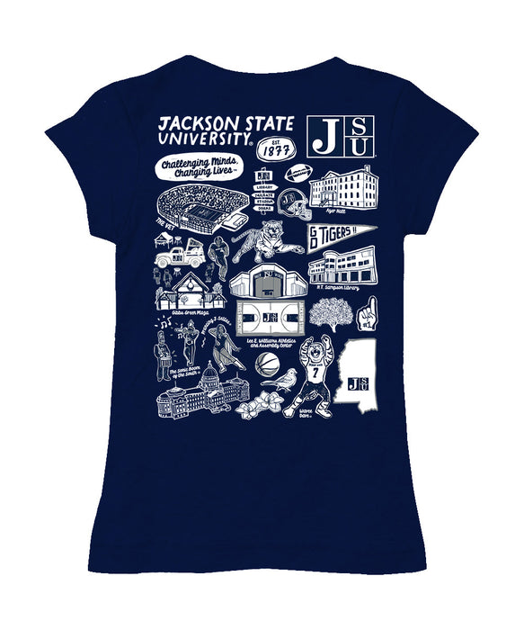 Jackson State University Tigers Hand Sketched Vive La Fete Impressions Artwork Navy Girls Cotton Short Sleeve Tee - Vive La Fête - Online Apparel Store