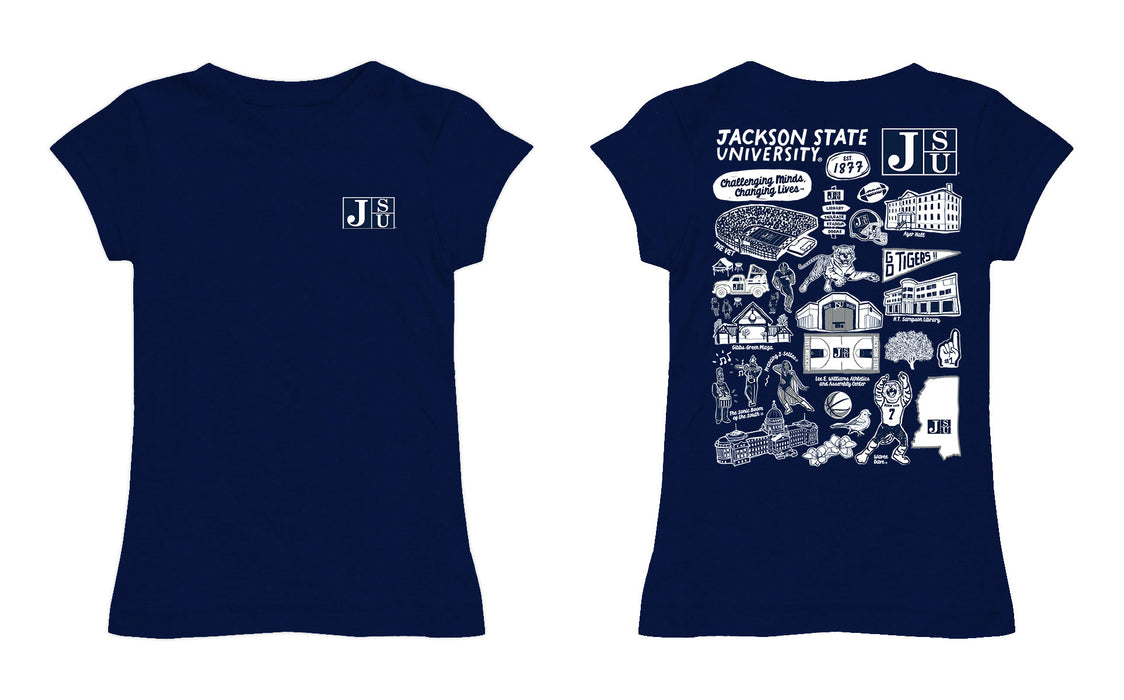 Jackson State University Tigers Hand Sketched Vive La Fete Impressions Artwork Navy Girls Cotton Short Sleeve Tee - Vive La Fête - Online Apparel Store