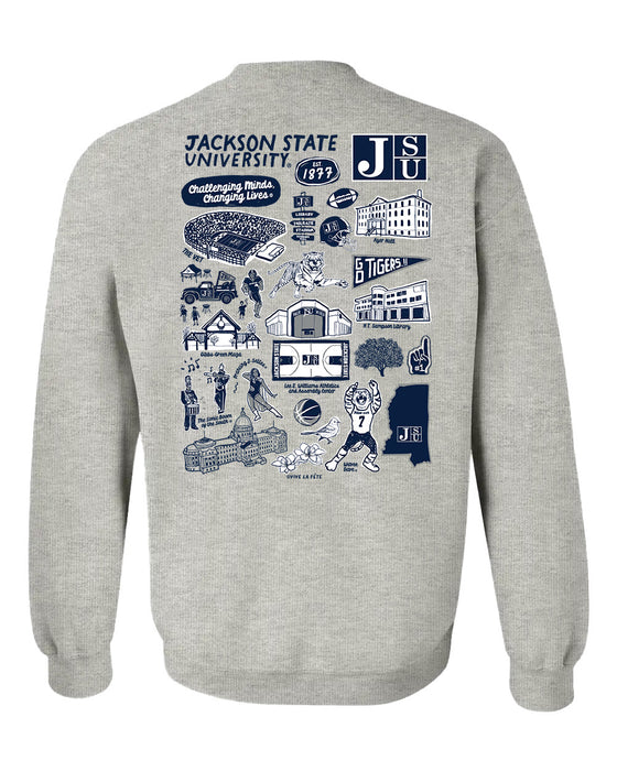 Jackson State University Tigers Hand Sketched Artwork Navy Crewneck Sweatshirt for Women - Vive La Fête - Online Apparel Store