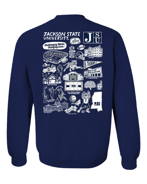 Jackson State University Tigers Hand Sketched Artwork Navy Crewneck Sweatshirt for Women - Vive La Fête - Online Apparel Store