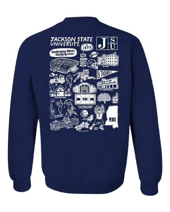 Jackson State University Tigers Hand Sketched Artwork Navy Crewneck Sweatshirt for Women - Vive La Fête - Online Apparel Store