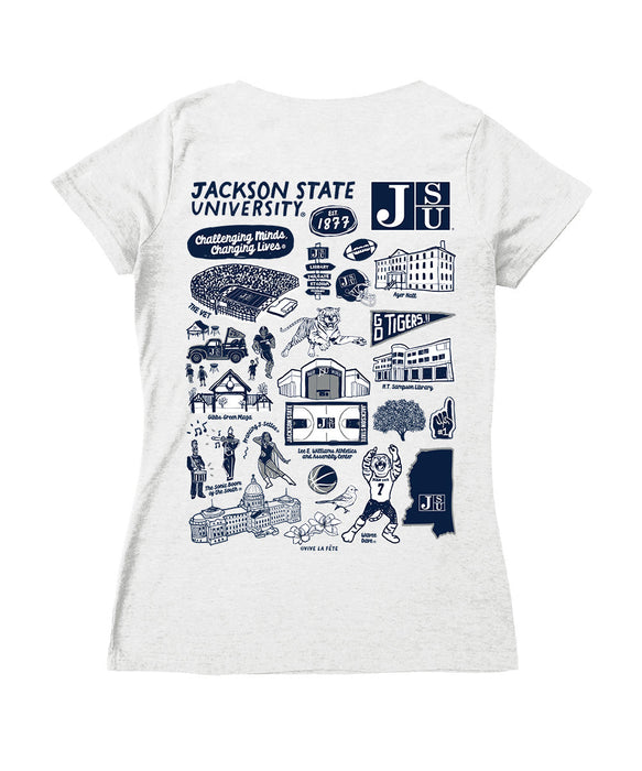 Jackson State Tigers JSU Hand Sketched Vive La Fete Impressions Artwork Navy Women Cotton Short Sleeve V-Neck Tshirt