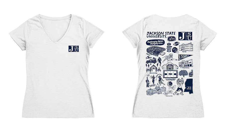 Jackson State Tigers JSU Hand Sketched Vive La Fete Impressions Artwork Navy Women Cotton Short Sleeve V-Neck Tshirt