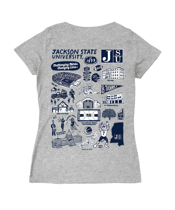 Jackson State Tigers JSU Hand Sketched Vive La Fete Impressions Artwork Navy Women Cotton Short Sleeve V-Neck Tshirt