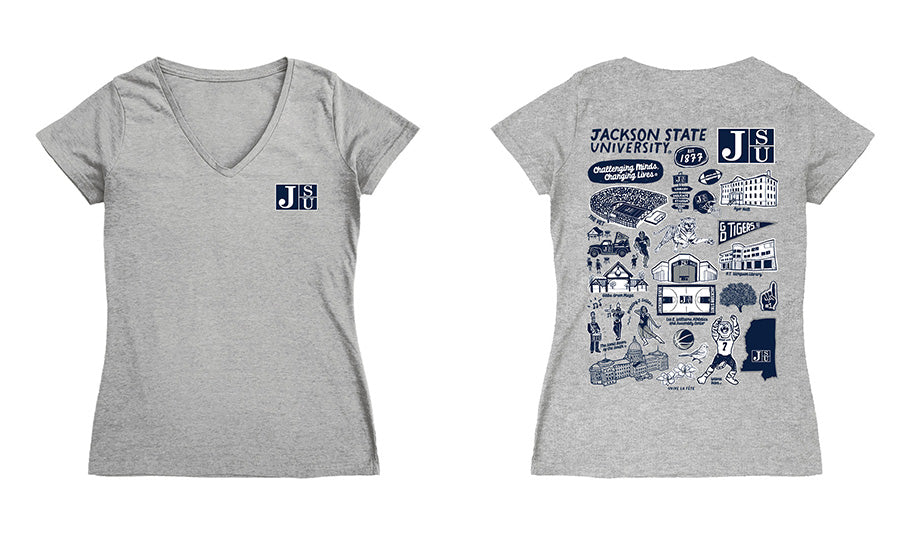 Jackson State Tigers JSU Hand Sketched Vive La Fete Impressions Artwork Navy Women Cotton Short Sleeve V-Neck Tshirt