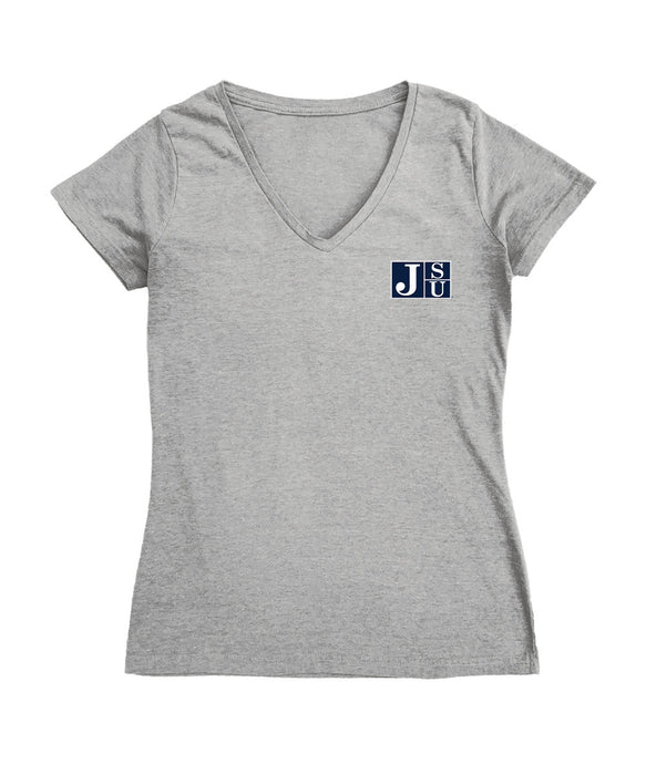 Jackson State Tigers JSU Hand Sketched Vive La Fete Impressions Artwork Grey Women Cotton Short Sleeve V-Neck Tshirt