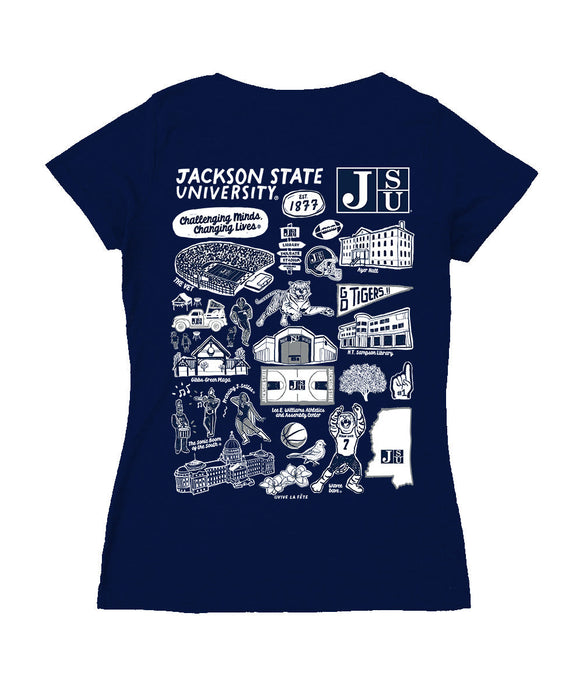 Jackson State Tigers JSU Hand Sketched Vive La Fete Impressions Artwork Navy Women Cotton Short Sleeve V-Neck Tshirt