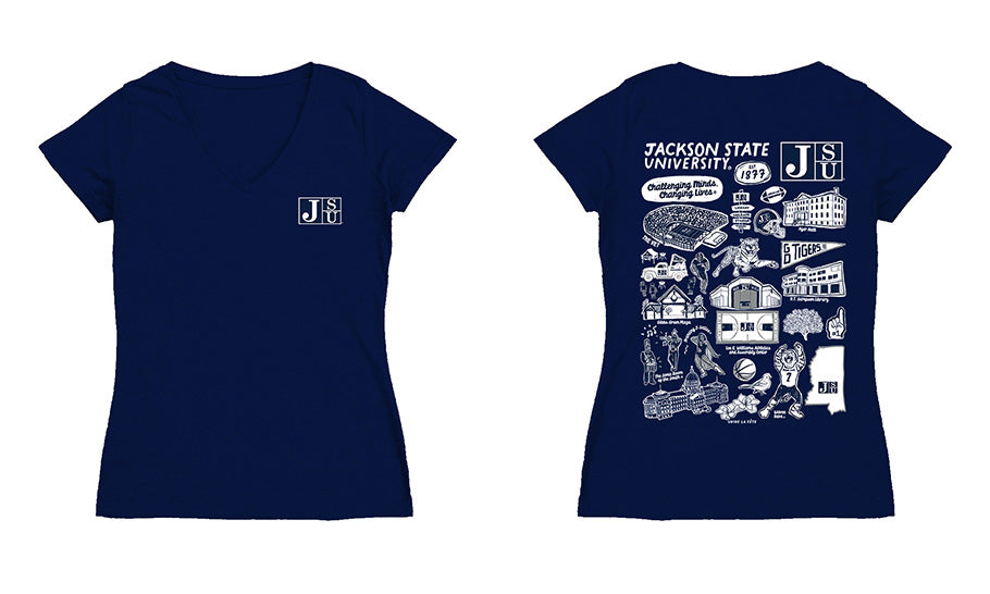 Jackson State Tigers JSU Hand Sketched Vive La Fete Impressions Artwork Navy Women Cotton Short Sleeve V-Neck Tshirt