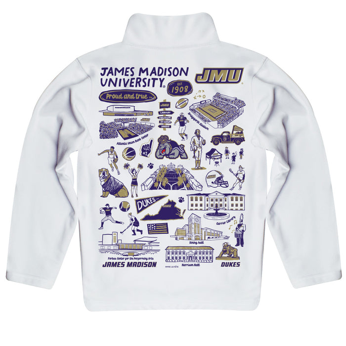 James Madison University Dukes Hand Sketched Vive La Fete Impressions Artwork White Boys Quarter Zip Pullover V1 - Vive La Fête - Online Apparel Store