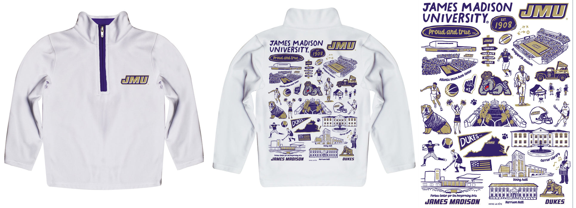 James Madison University Dukes Hand Sketched Vive La Fete Impressions Artwork White Boys Quarter Zip Pullover V1 - Vive La Fête - Online Apparel Store