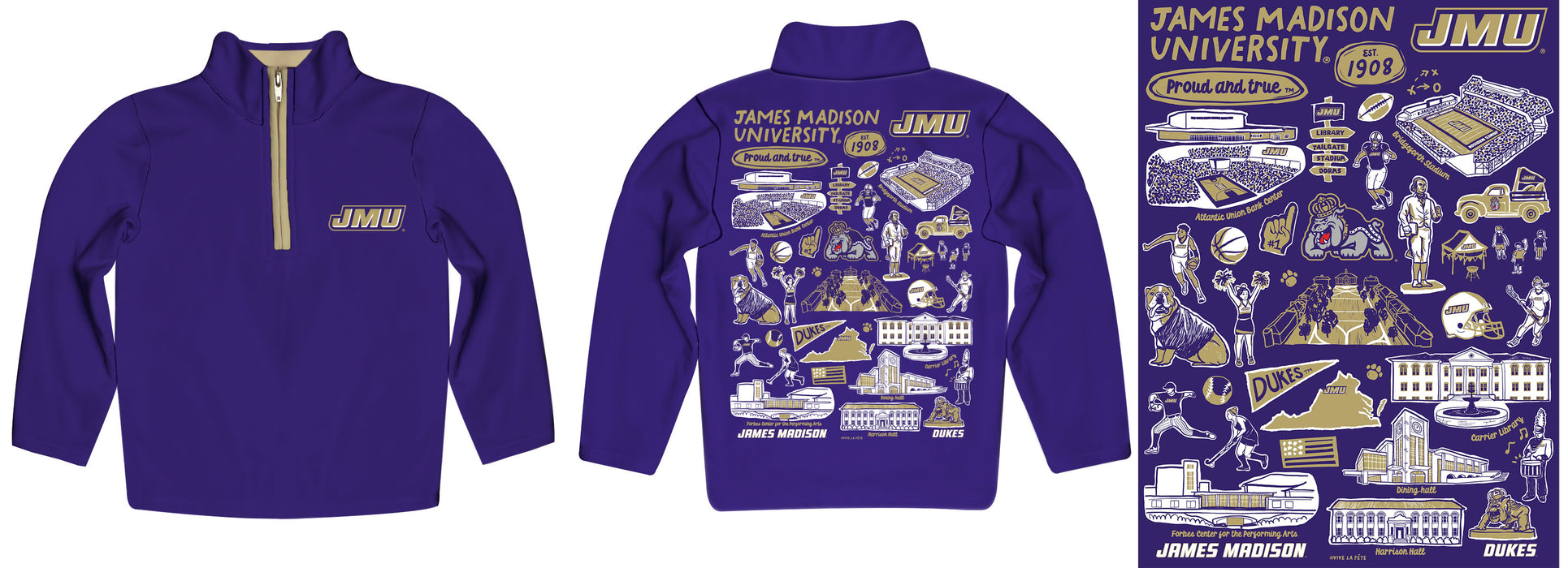 James Madison University Dukes Hand Sketched Vive La Fete Impressions Artwork Purple Boys Quarter Zip Pullover V1 - Vive La Fête - Online Apparel Store
