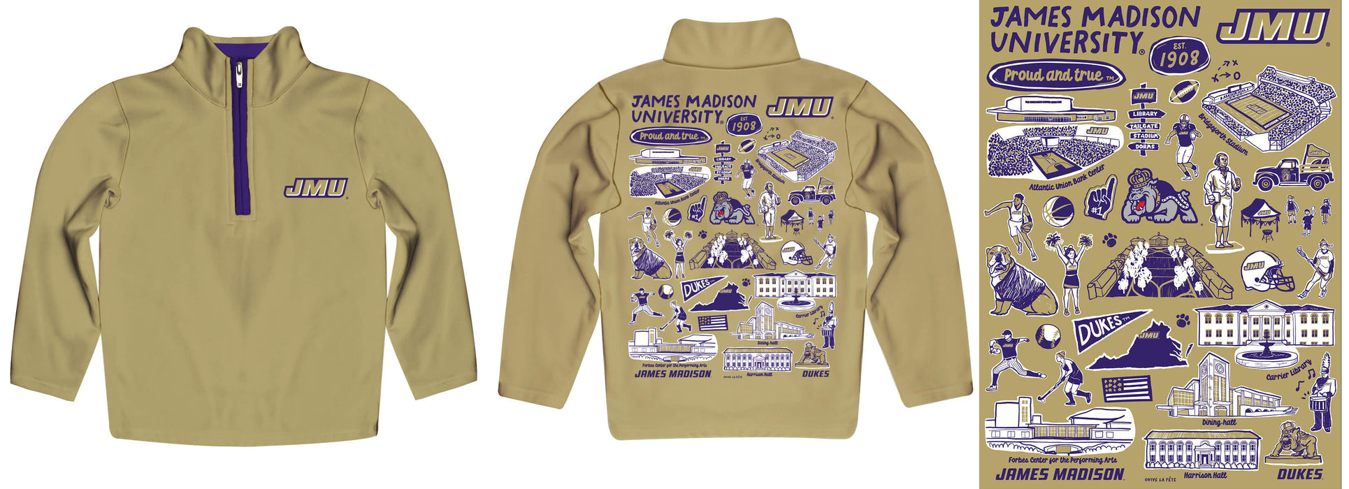 James Madison University Dukes Hand Sketched Vive La Fete Impressions Artwork Gold Boys Quarter Zip Pullover V1 - Vive La Fête - Online Apparel Store