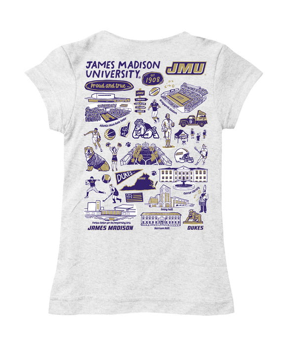 James Madison University Dukes Hand Sketched Vive La Fete Impressions Artwork White Girls Cotton Short Sleeve Tee - Vive La Fête - Online Apparel Store
