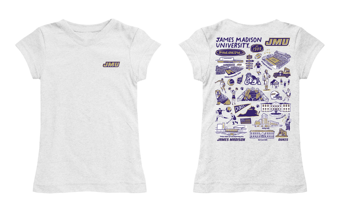 James Madison University Dukes Hand Sketched Vive La Fete Impressions Artwork White Girls Cotton Short Sleeve Tee - Vive La Fête - Online Apparel Store