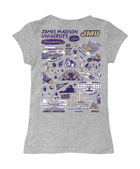 James Madison University Dukes Hand Sketched Vive La Fete Impressions Artwork Grey Girls Cotton Short Sleeve Tee - Vive La Fête - Online Apparel Store
