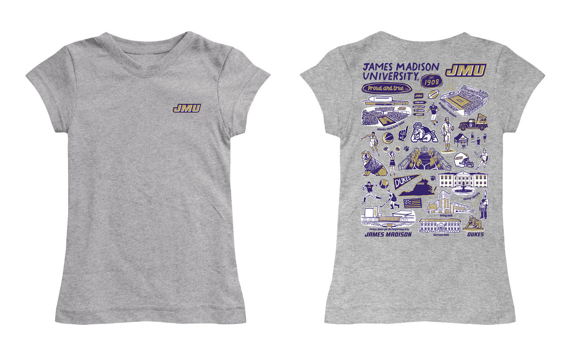 James Madison University Dukes Hand Sketched Vive La Fete Impressions Artwork Grey Girls Cotton Short Sleeve Tee - Vive La Fête - Online Apparel Store