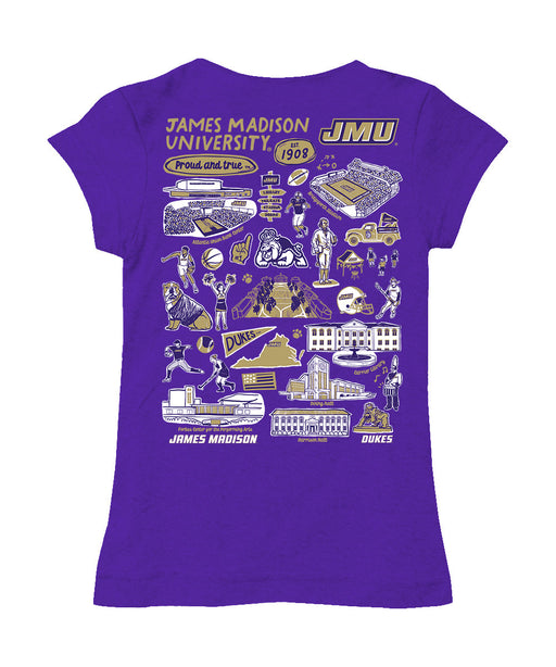 James Madison University Dukes Hand Sketched Vive La Fete Impressions Artwork Purple Girls Cotton Short Sleeve Tee - Vive La Fête - Online Apparel Store