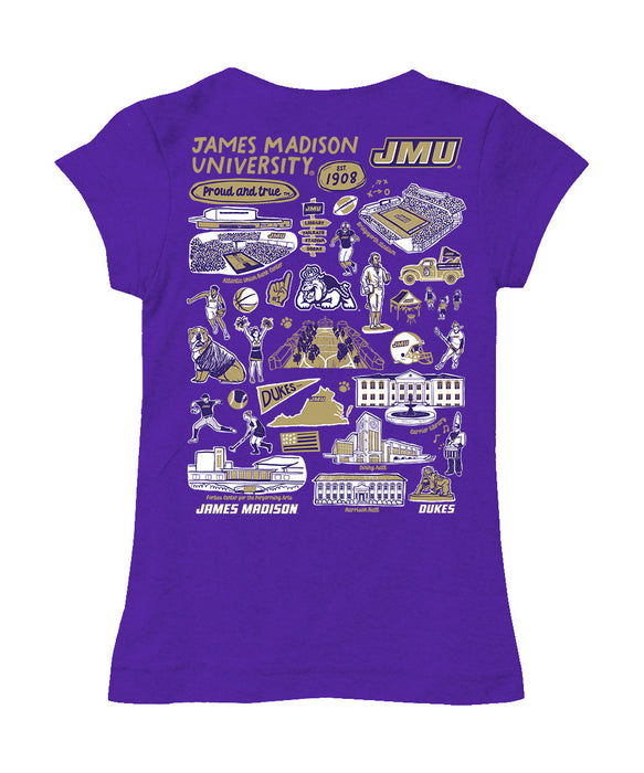 James Madison University Dukes Hand Sketched Vive La Fete Impressions Artwork Purple Girls Cotton Short Sleeve Tee - Vive La Fête - Online Apparel Store