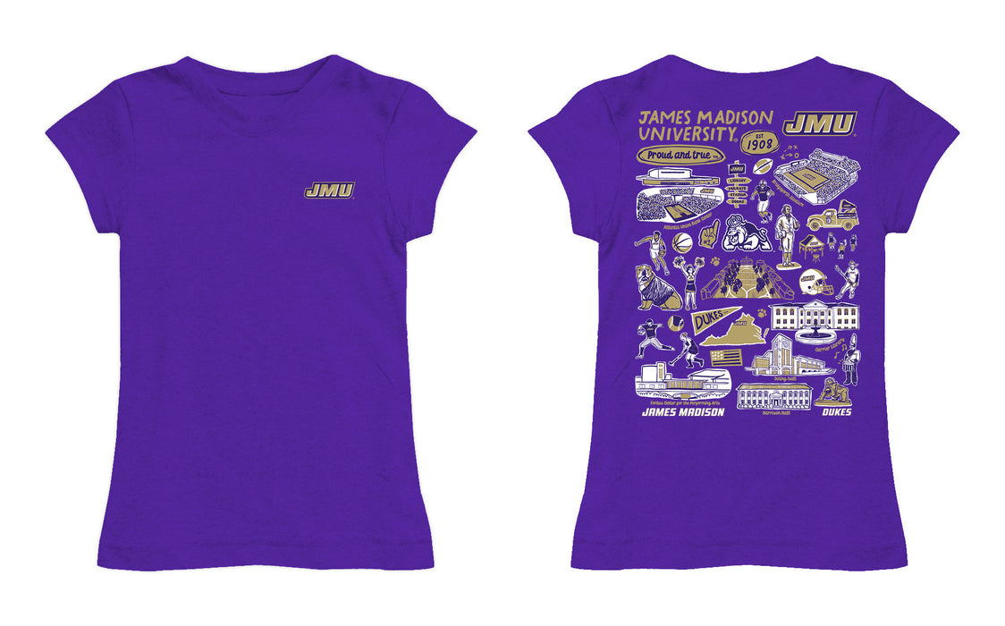 James Madison University Dukes Hand Sketched Vive La Fete Impressions Artwork Purple Girls Cotton Short Sleeve Tee - Vive La Fête - Online Apparel Store