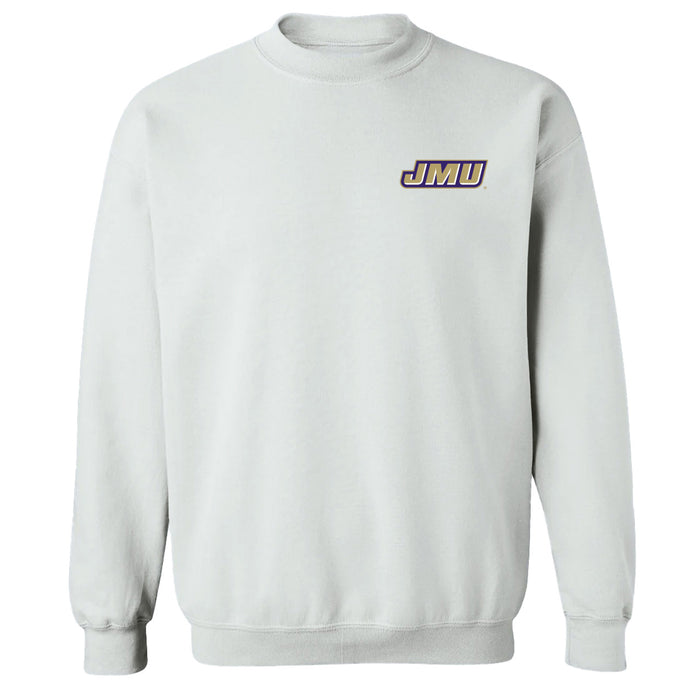 James Madison University Dukes Hand Sketched Vive La Fete Impressions Artwork White Crew Neck Sweatshirt for Women