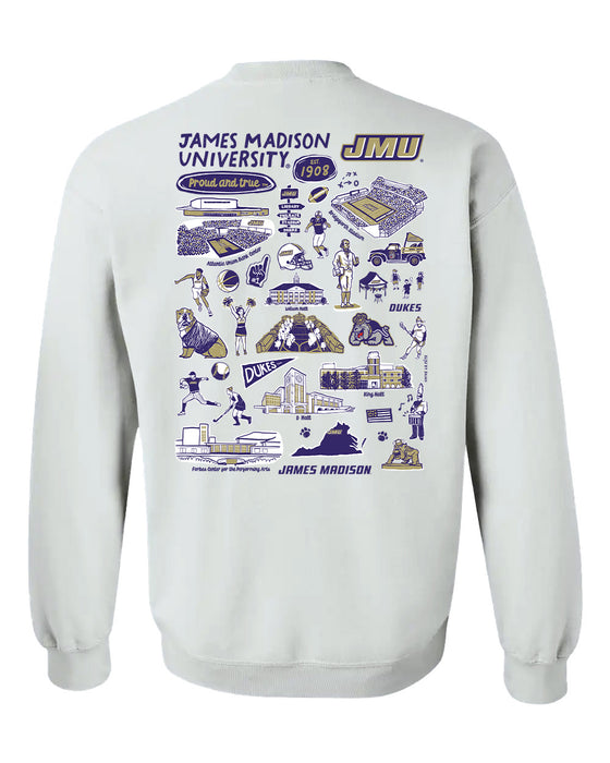 James Madison University Dukes Hand Sketched Artwork Purple Crewneck Sweatshirt for Women - Vive La Fête - Online Apparel Store