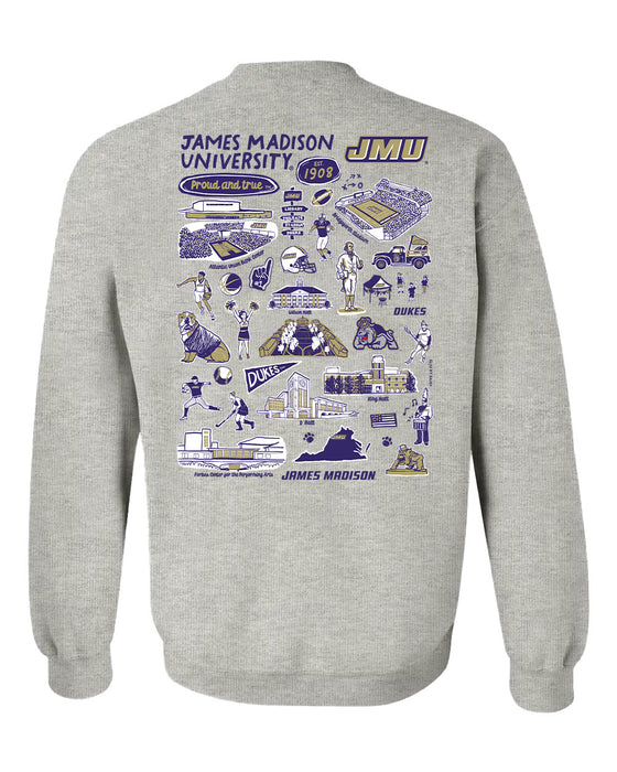 James Madison University Dukes Hand Sketched Artwork Purple Crewneck Sweatshirt for Women - Vive La Fête - Online Apparel Store