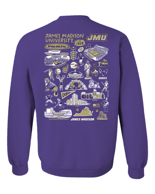 James Madison University Dukes Hand Sketched Artwork Purple Crewneck Sweatshirt for Women - Vive La Fête - Online Apparel Store