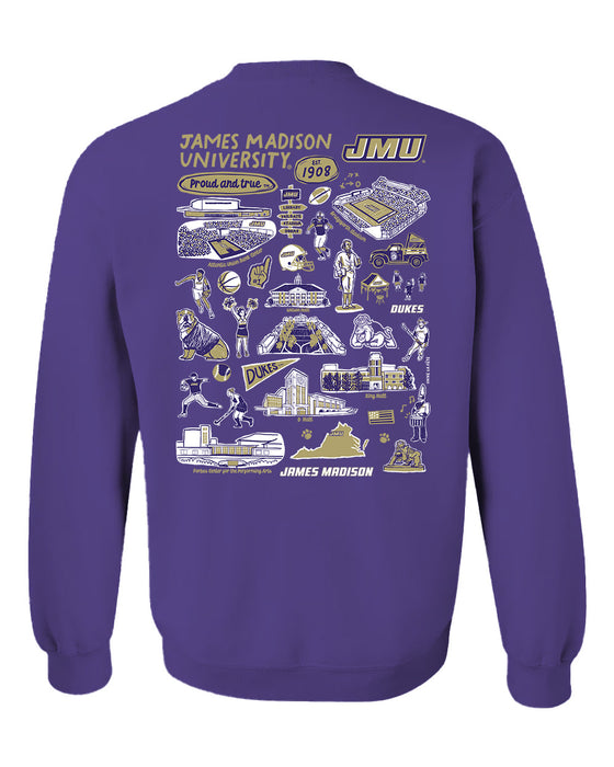 James Madison University Dukes Hand Sketched Artwork Purple Crewneck Sweatshirt for Women - Vive La Fête - Online Apparel Store