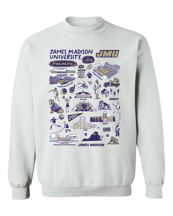 JMU Dukes Hand Sketched Vive La Fete Impressions White Cotton Crewneck Sweatshirt for Women