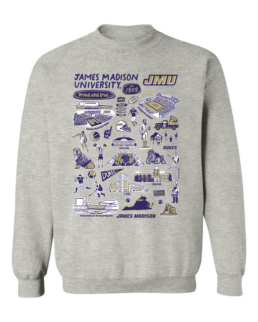 JMU Dukes Hand Sketched Vive La Fete Impressions Grey Cotton Crewneck Sweatshirt for Women