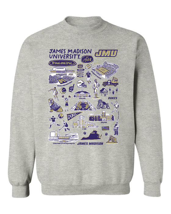 JMU Dukes Hand Sketched Vive La Fete Impressions Grey Cotton Crewneck Sweatshirt for Women