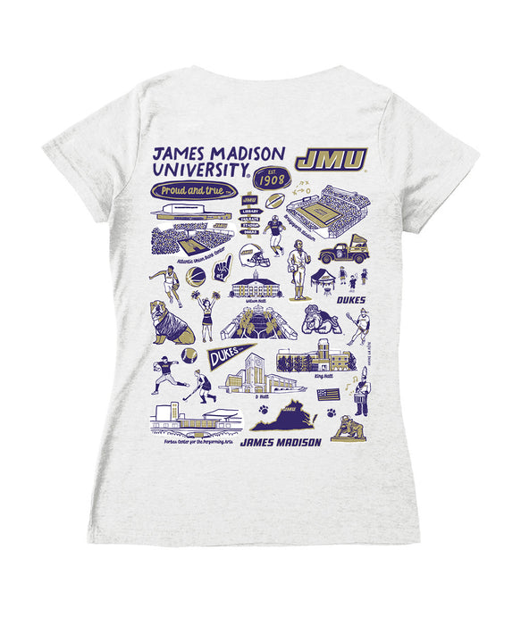 JMU Dukes Hand Sketched Vive La Fete Impressions Artwork Purple Women Cotton Short Sleeve V-Neck Tshirt