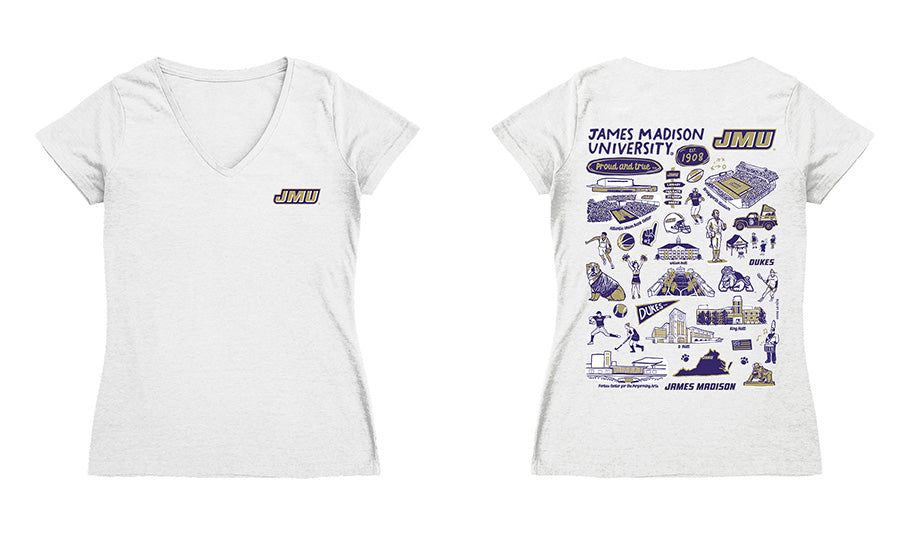 JMU Dukes Hand Sketched Vive La Fete Impressions Artwork Purple Women Cotton Short Sleeve V-Neck Tshirt