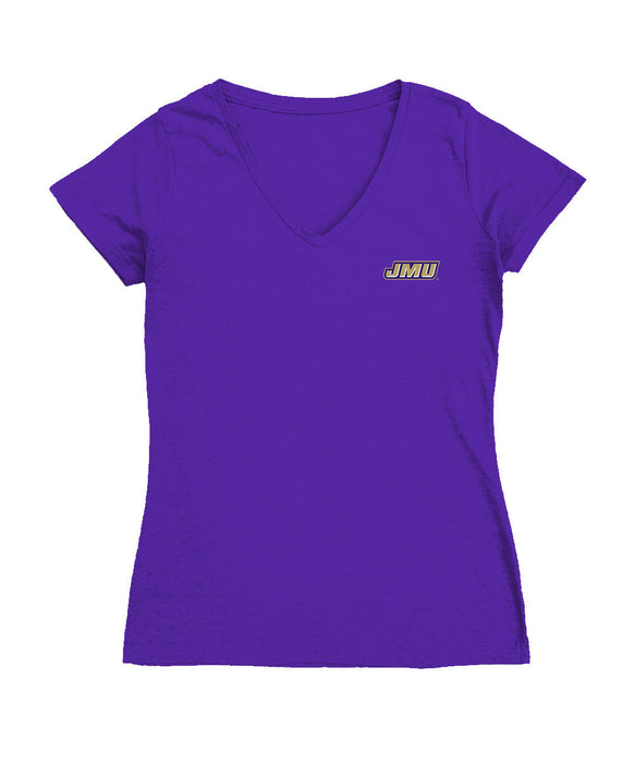 JMU Dukes Hand Sketched Vive La Fete Impressions Artwork Purple Women Cotton Short Sleeve V-Neck Tshirt